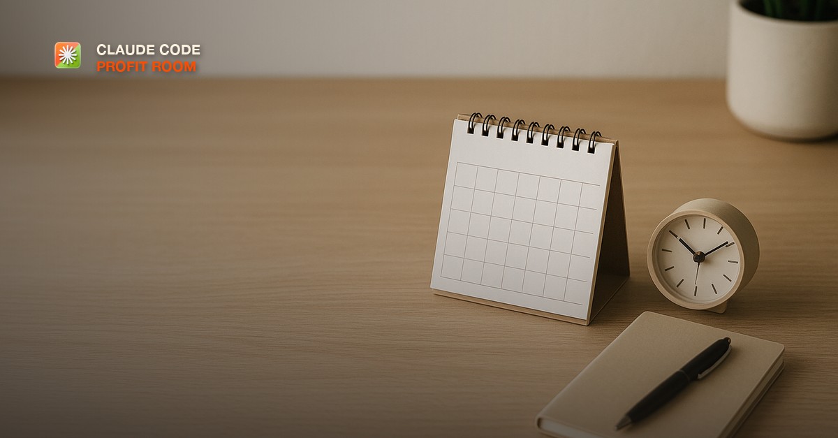 A tidy home office desk with a calendar open to a month view beside a small analog clock and a closed notebook with a pen in calm neutral tones
