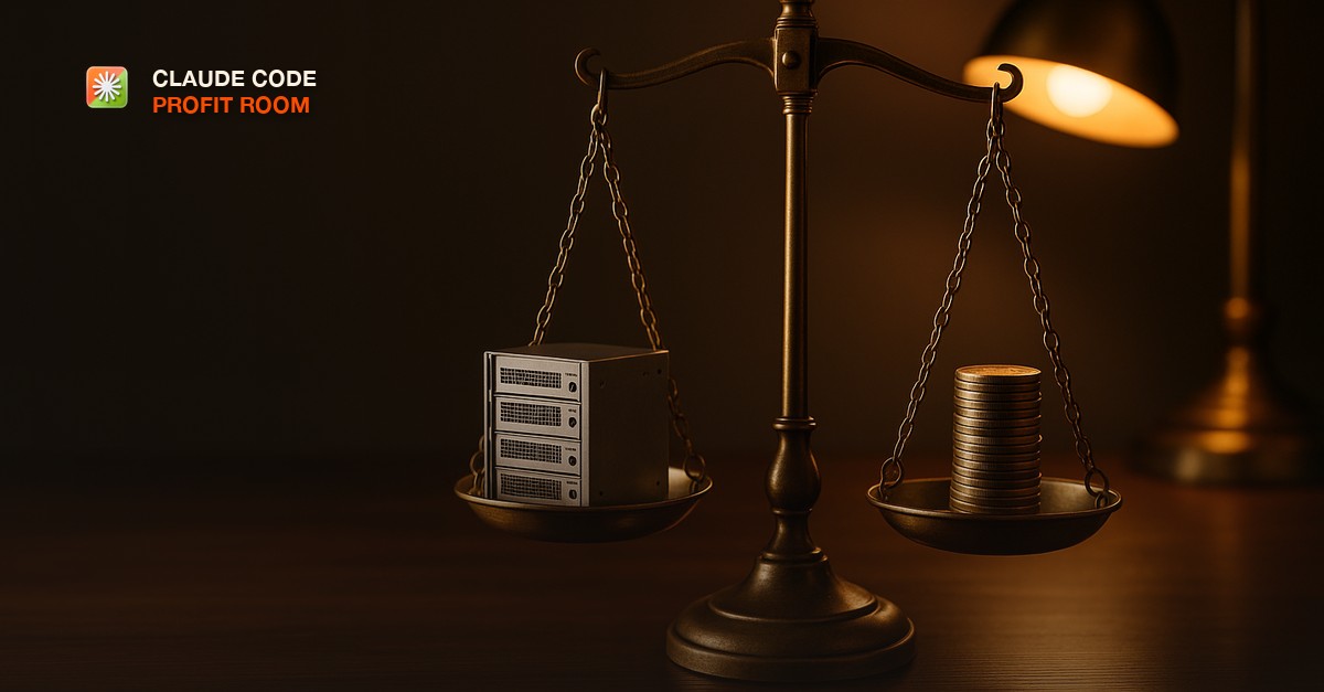 A brass balance scale on a wooden desk weighing a small server rack model against a stack of coins, warm lamp light