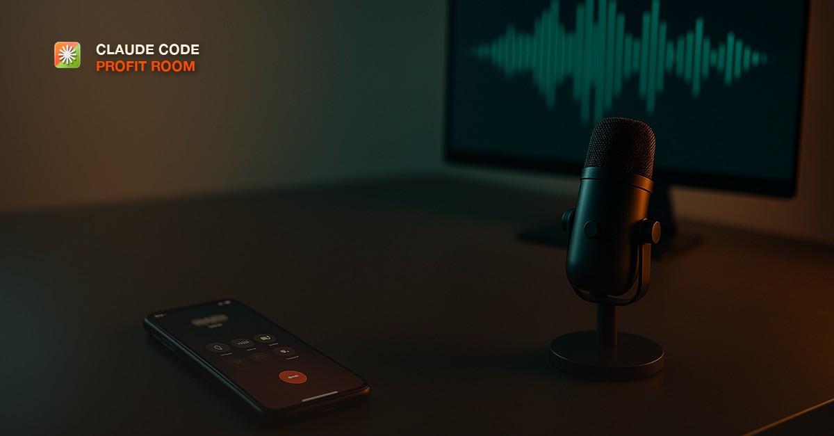 A sleek desk with a smartphone on a call screen beside a compact studio microphone and a monitor showing a glowing sound-wave visualizer, warm amber and teal editorial lighting, shallow depth of field