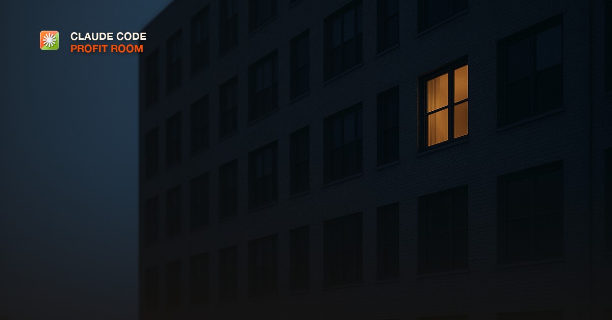 A single lit window standing out among many dark windows on a building facade at dusk