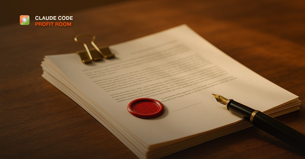 A clipped stack of amendment paperwork with a red wax seal and a fountain pen resting beside it on a walnut desk in warm light