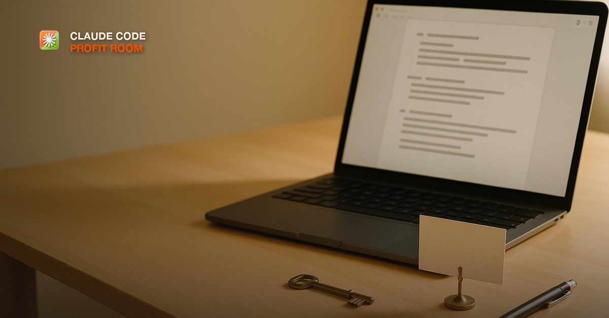 A tidy birch developer desk in bright daylight with an open laptop showing a structured document, an index card clipped to a small stand, a brass key and a mechanical pencil, shallow depth of field