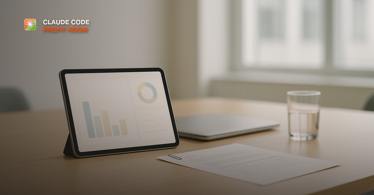 A slim tablet propped on a light oak meeting table showing a soft-colored chart dashboard, a closed laptop beside it, a printed one-page status sheet with a paperclip, and a glass of water in a clean modern office under overcast daylight