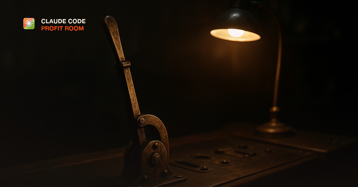 A weathered brass railway signal lever mounted on a dark wood control panel, illuminated by a single warm desk lamp in a dim workshop at night