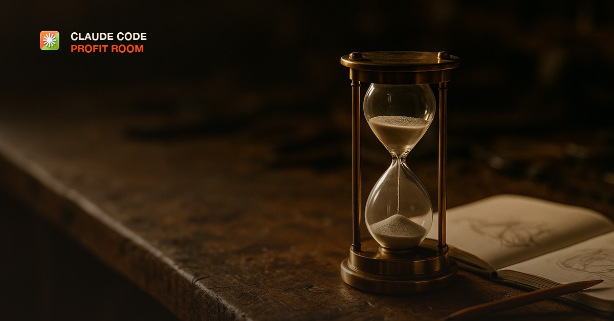 A single brass hourglass sitting on a cluttered wooden workbench beside an open notebook and a half-finished sketch, warm side light