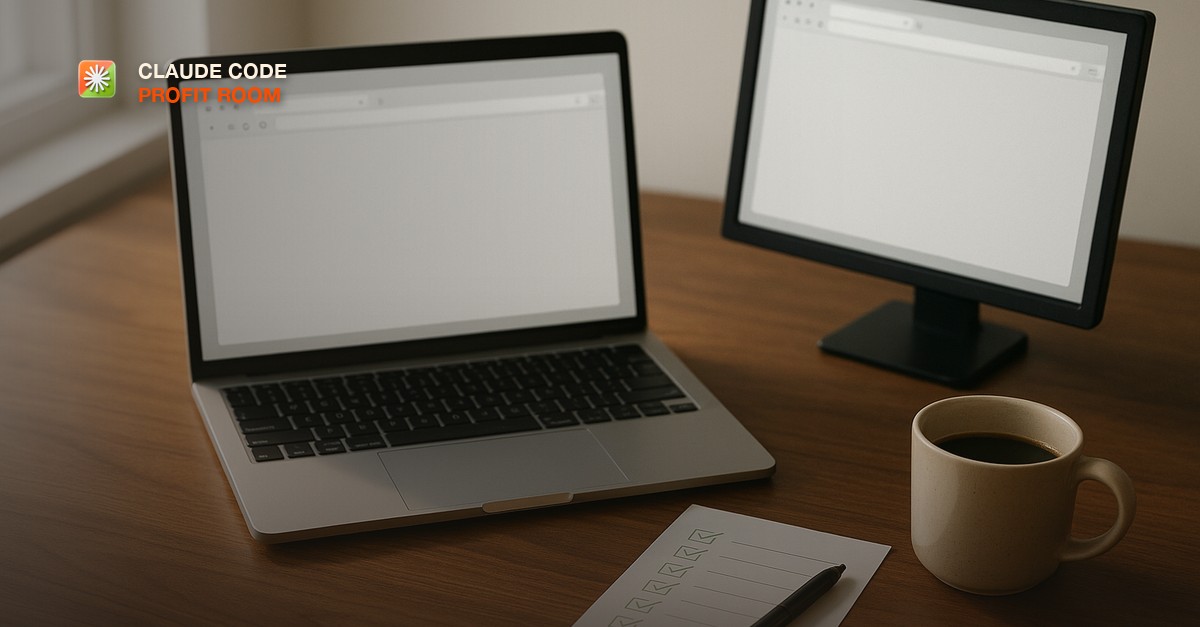 A silver laptop open on a walnut desk showing a blank pale browser window, a second small monitor angled beside it, a paper checklist with green ink ticks and a black pen, a ceramic mug of coffee, soft morning window light from the left