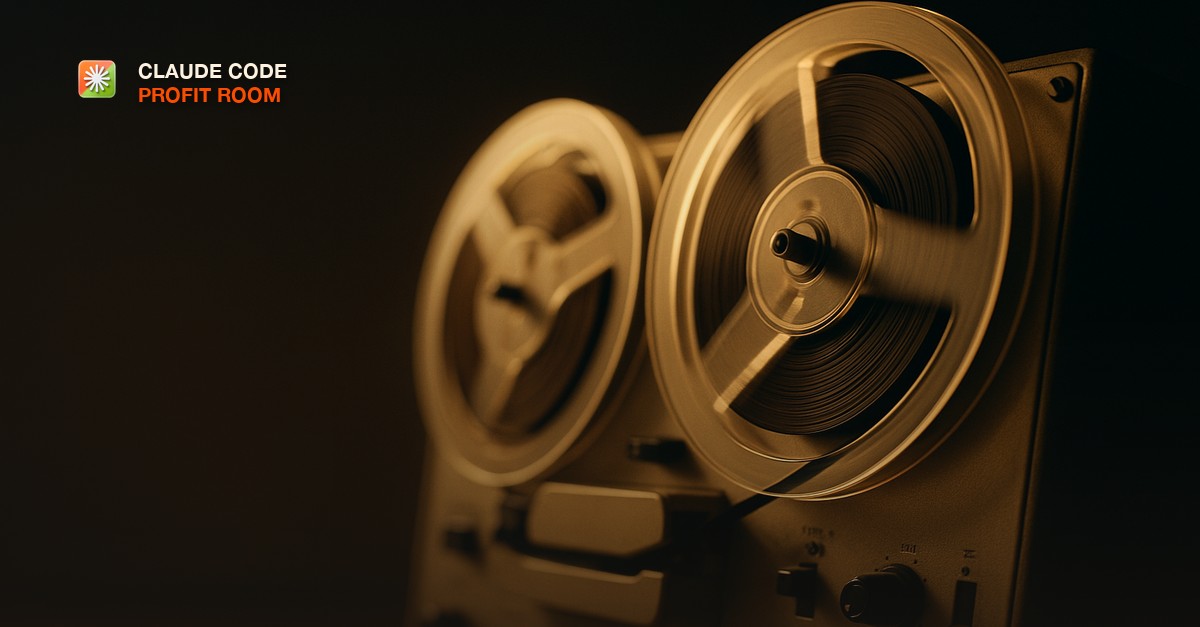 A vintage reel-to-reel tape recorder mid-rewind, magnetic tape spooling under warm directional side light in a dim studio