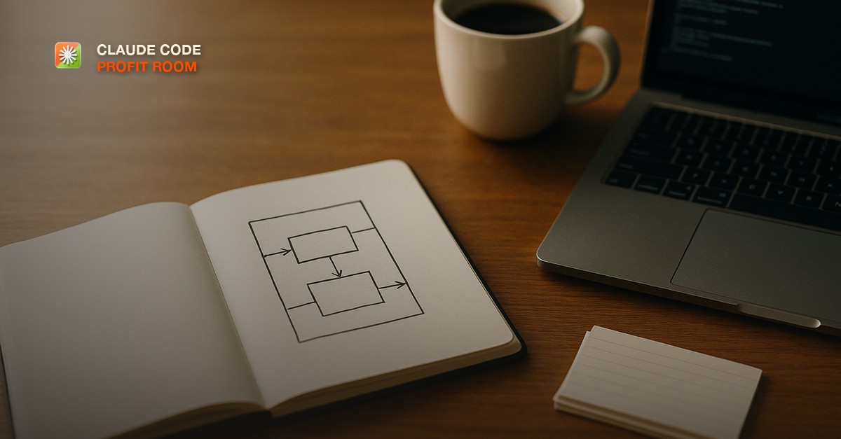 An open notebook with a hand-drawn diagram of nested boxes and arrows beside a laptop showing a terminal, a coffee cup, and a small stack of index cards on a warm wooden desk in soft morning light