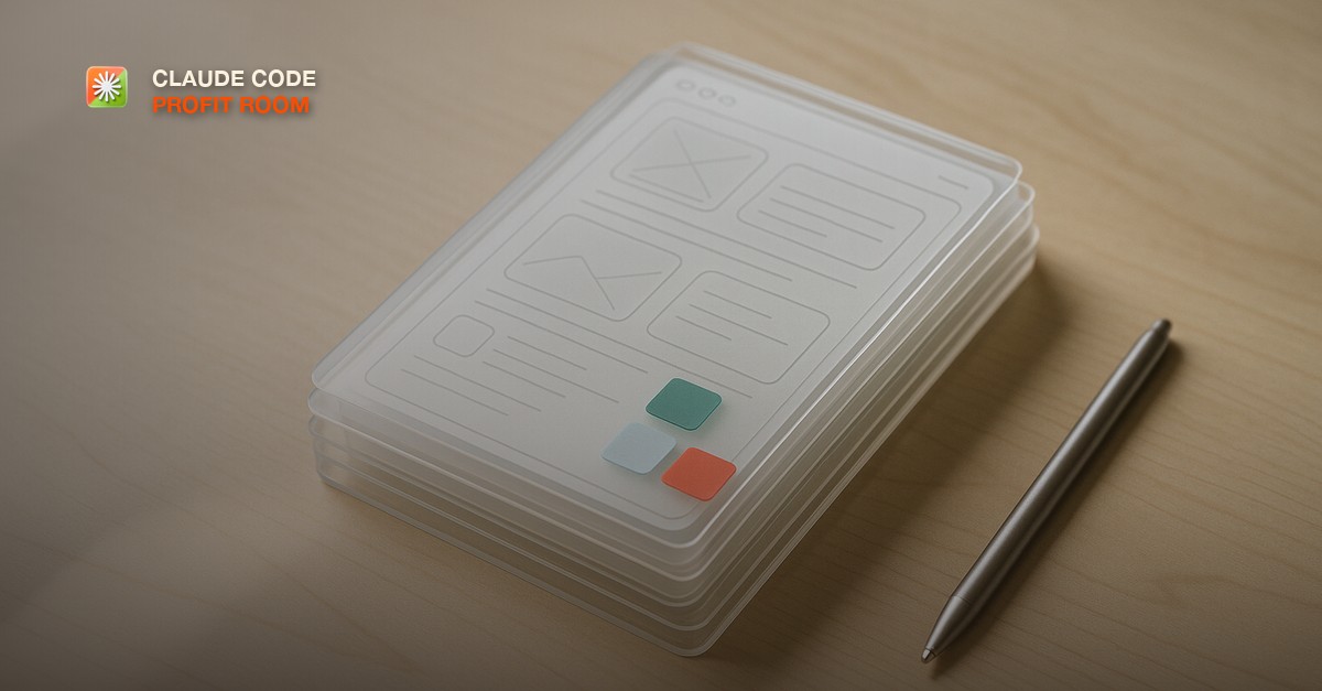 A stack of translucent layered acrylic UI panels and color swatches arranged on a pale birch desk beside a metal stylus, soft natural window light