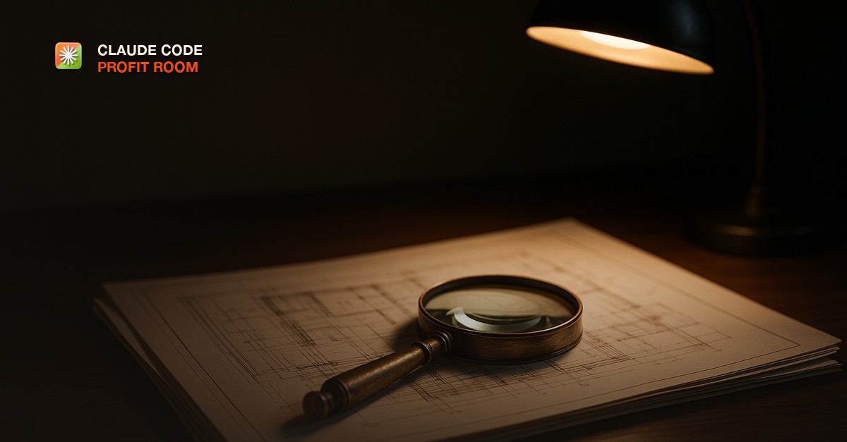 A single antique brass magnifying glass resting on architectural blueprints under a warm desk lamp, in a dark studio setting