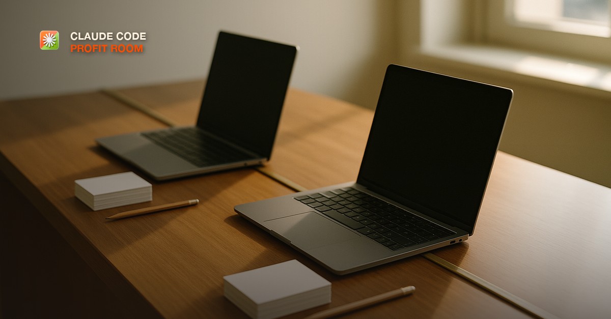 Two parallel wooden desk lanes divided by a slim brass rail, each with its own open laptop and stacked index cards, bright morning window light, shallow depth of field