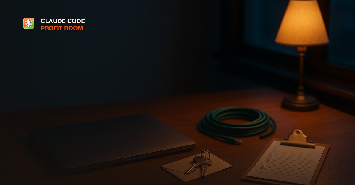 A tidy developer desk at dusk with a closed laptop, a pair of brass keys resting on a folded handover envelope, a neat coil of green ethernet cable, a clipboard with a printed checklist, and a warm desk lamp against cool blue window light