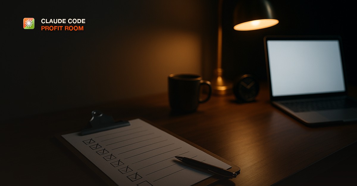 A clipboard holding a printed checklist with every box ticked in pen on a dark walnut desk, beside an open laptop with a softly glowing screen, a ceramic mug, a small analog clock, and a brass desk lamp casting warm evening light