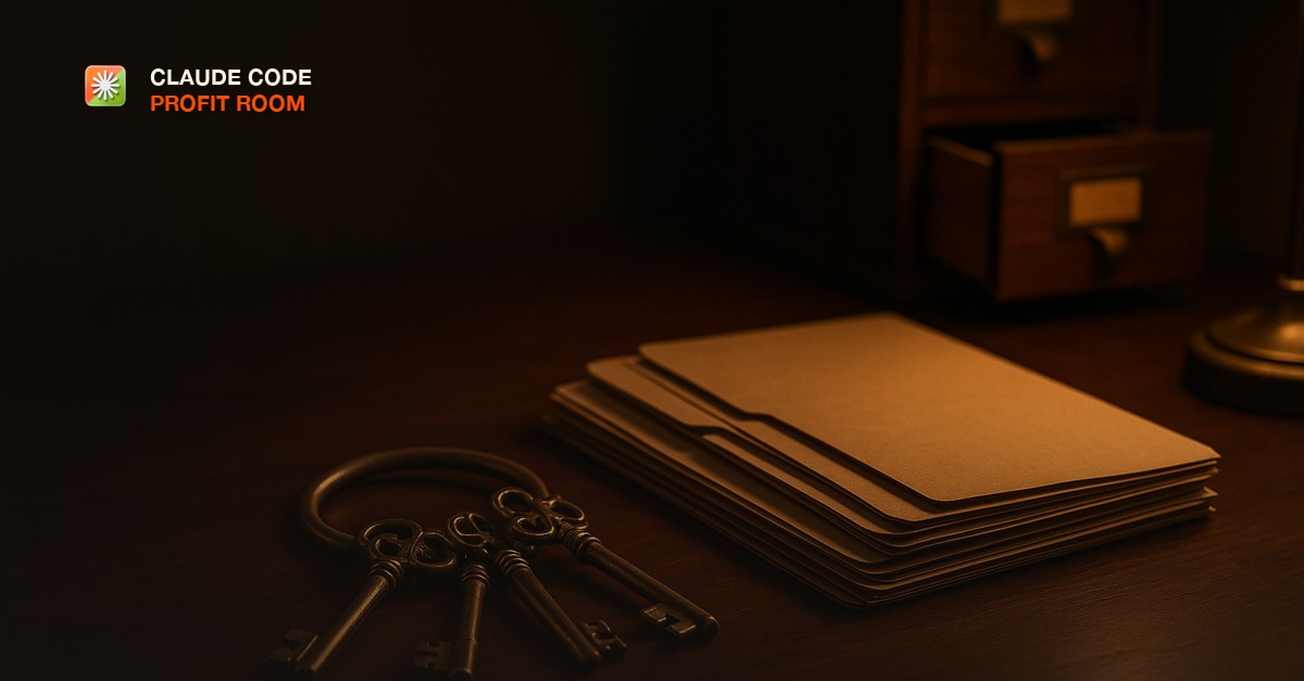 A heavy brass key ring with ornate keys on a dark walnut desk beside labeled manila folders, a wooden card catalog with one drawer open behind it, warm lamp light