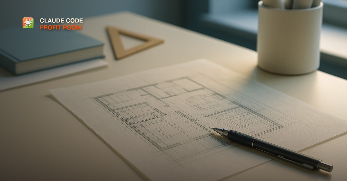 A hand-drawn architectural floor plan on tracing paper beside a mechanical pencil on a pale desk in soft daylight