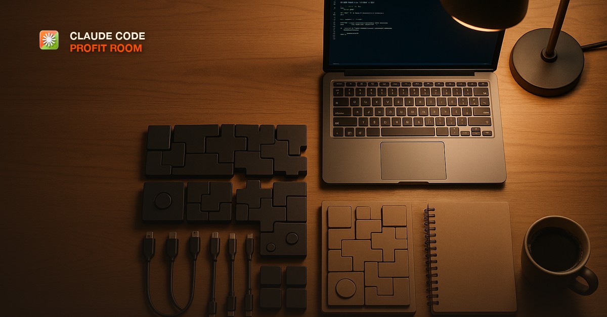 An organized developer desk seen from above with modular puzzle-like blocks and connector cables arranged into a neat toolkit layout, a laptop showing a clean terminal, warm focused desk lamp light, a notebook and coffee