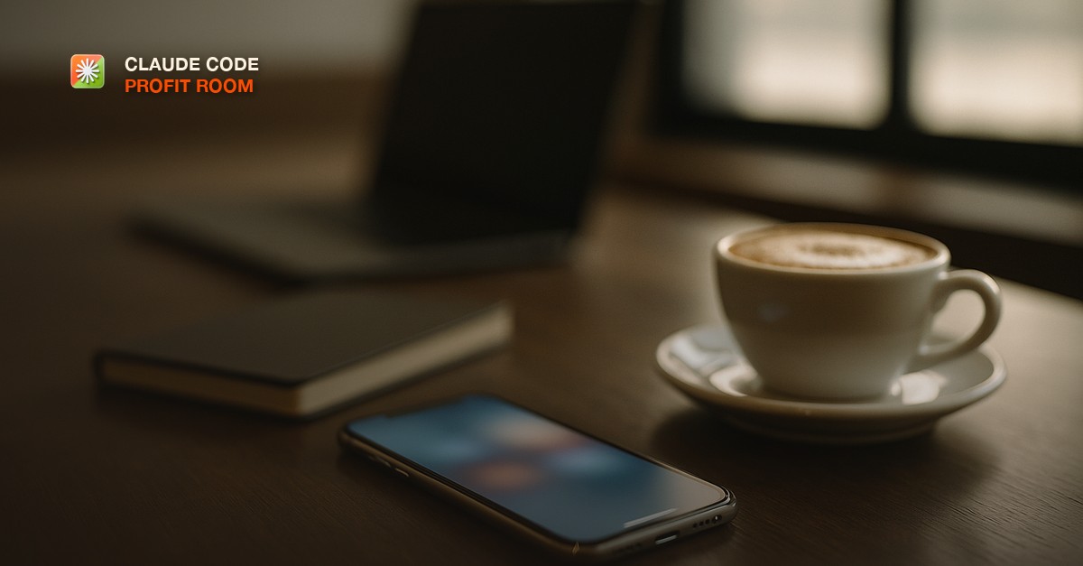 A smartphone with a softly glowing screen on a dark cafe table beside a cappuccino and a closed notebook, with a laptop out of focus in the background in morning window light