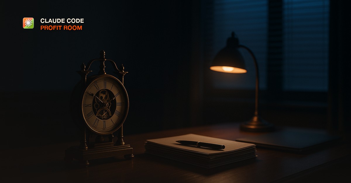 An antique brass mechanical clock with exposed gears on a dark walnut desk beside a stack of bound weekly reports and a fountain pen, a closed laptop, a small desk lamp casting warm light, first blue daylight through a window blind