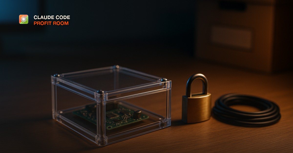 A clear acrylic project enclosure with a sealed lid on an oak workbench, a small green circuit board visible inside, a brass padlock and a coiled black cable beside it, cool blue monitor light from the left and a warm desk lamp from the right