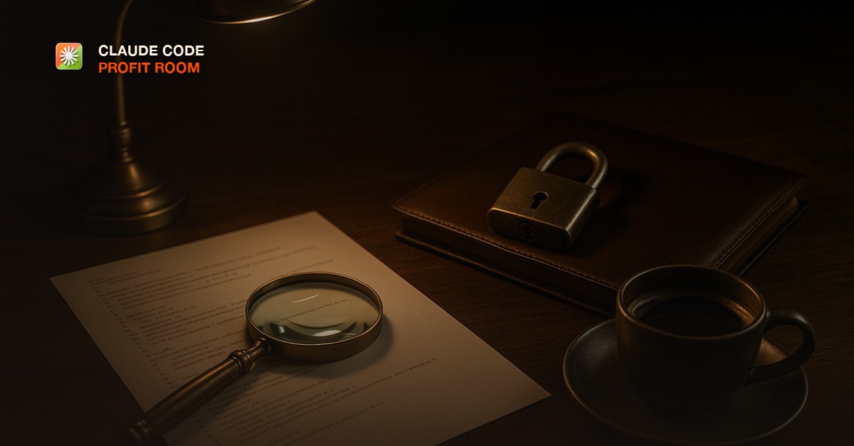 A dark wooden desk under a focused lamp with a brass magnifying glass resting on printed code, a heavy padlock beside a closed leather folio, and a cooling cup of coffee, moody evening light