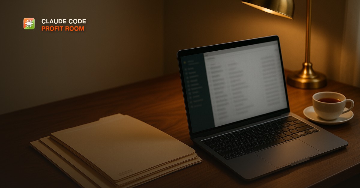 A laptop on a walnut desk showing a softly blurred sidebar list, a neat stack of manila folders beside it, a brass desk lamp and a cup of tea in warm evening light