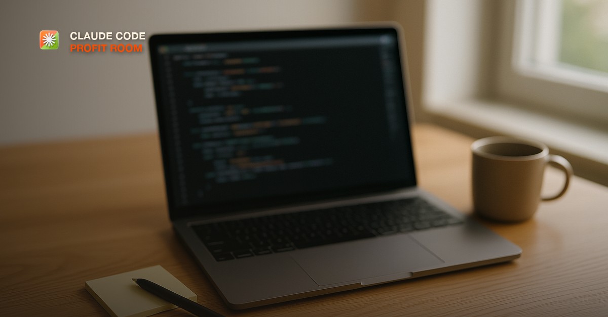 A laptop open on a clean oak desk showing a softly blurred code editor, with a small pad of sticky notes and a pen pulled off to one side, a ceramic coffee mug, and soft window light