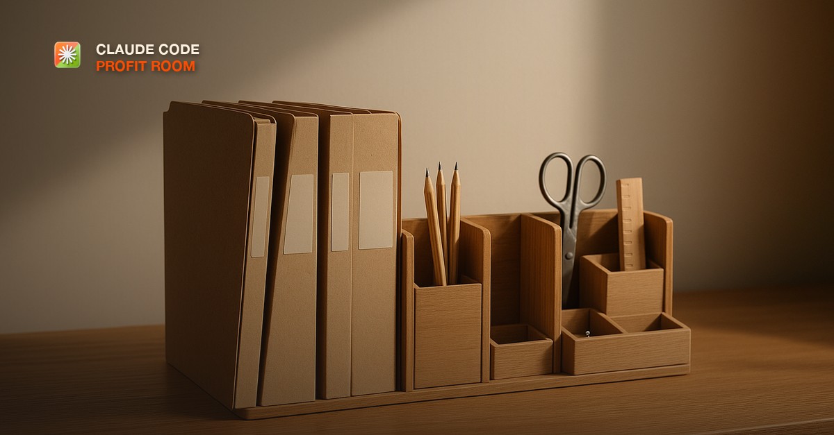 A tidy shelf of labeled kraft-paper file folders and small wooden tool organizers on a warm oak desk in soft morning light