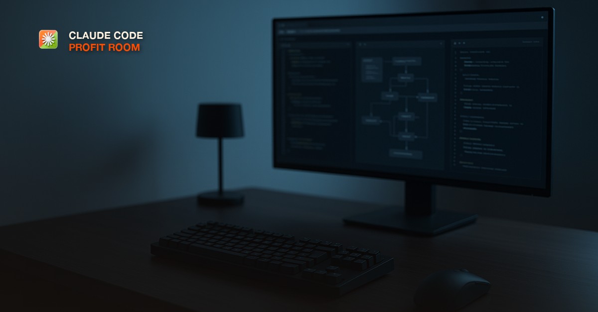 A sleek home office desk with multiple browser windows open showing code and workflow diagrams, soft blue ambient lighting, mechanical keyboard and monitor in focus