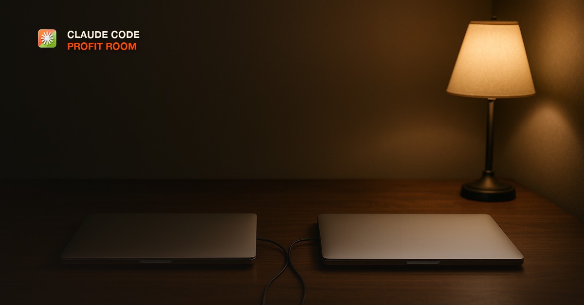 Two identical closed laptops positioned symmetrically side by side on a dark walnut desk, connected by a single cable, under warm directional lamp light