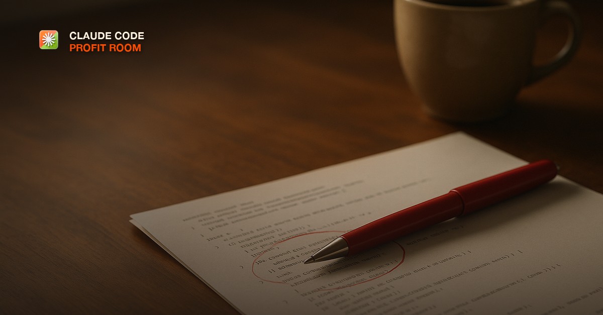 A red pen resting on a printed page of code with several lines circled in red ink on a warm wooden desk beside a coffee cup, soft morning light