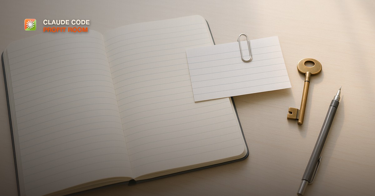 An open ruled notebook with a clipped index card beside a brass key and a mechanical pencil on a pale birch desk in bright daylight