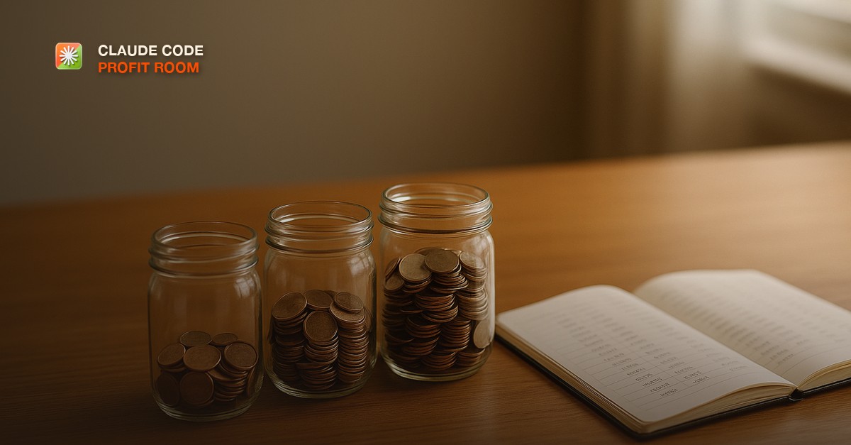 A neat row of three glass jars filled with coins in ascending amounts, beside an open notebook with columns of numbers, on a warm oak desk in soft window light
