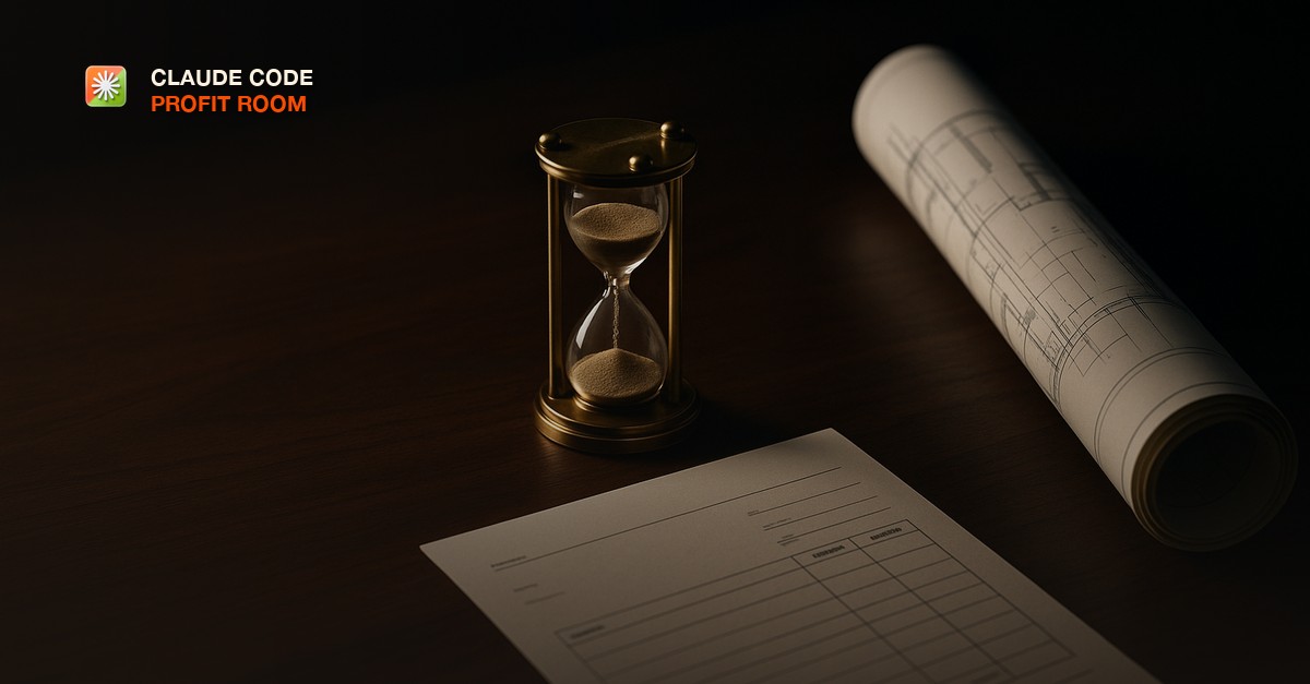 A small brass hourglass beside a rolled blueprint and a blank paper invoice on a dark walnut desk in low moody lamplight