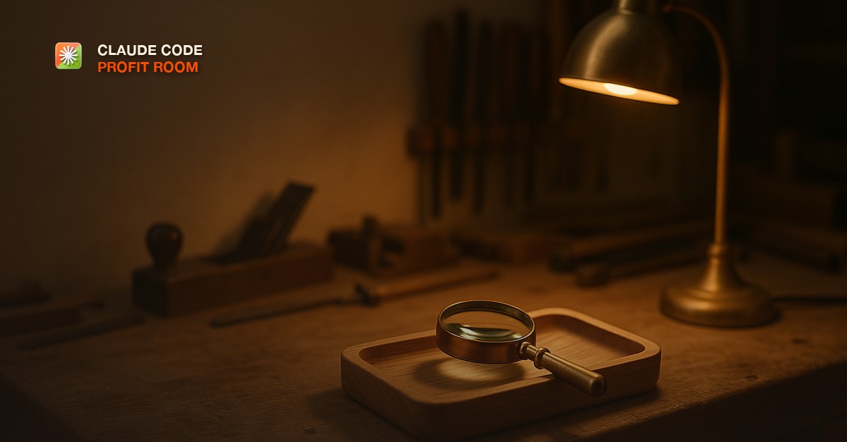 A magnifying glass resting on a finished wooden product on a workshop bench under warm lamp light.
