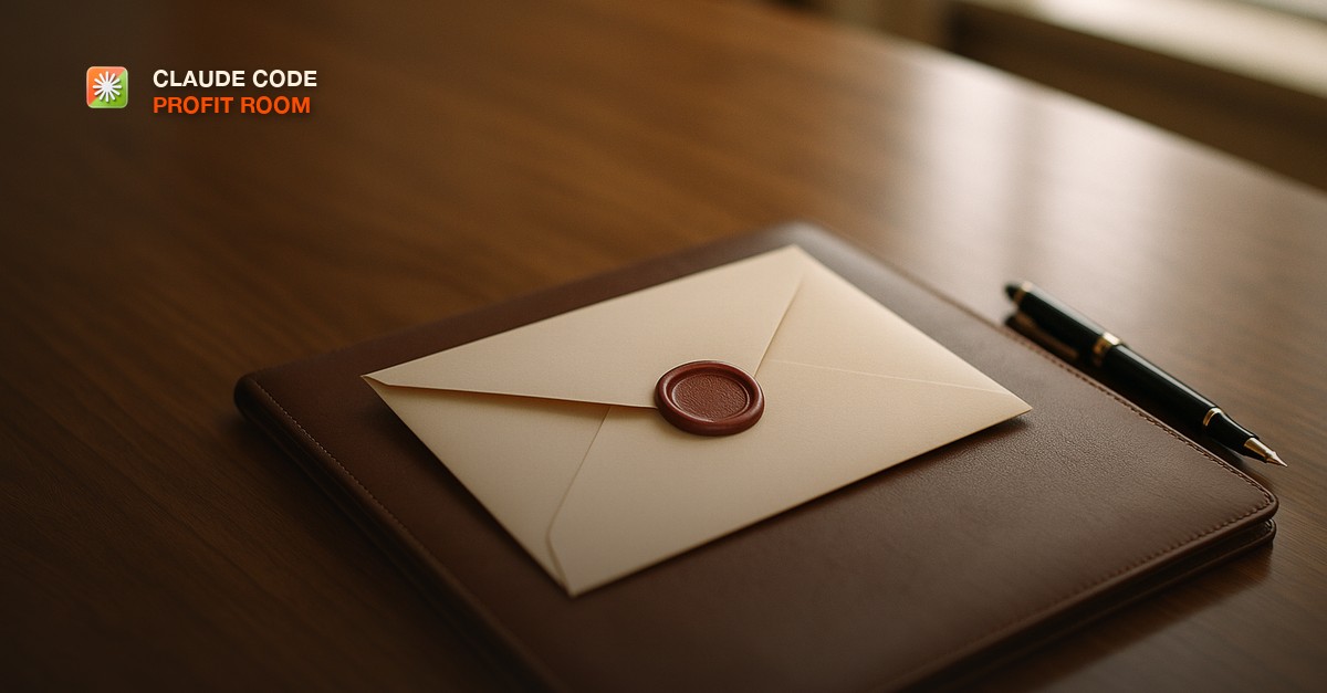 A sealed wax-stamped envelope resting on a leather portfolio beside a fountain pen on a walnut conference table, soft window light
