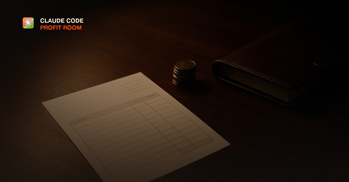 A single blank invoice and a small stack of coins beside a closed leather notebook on a dark walnut desk in low moody lamplight