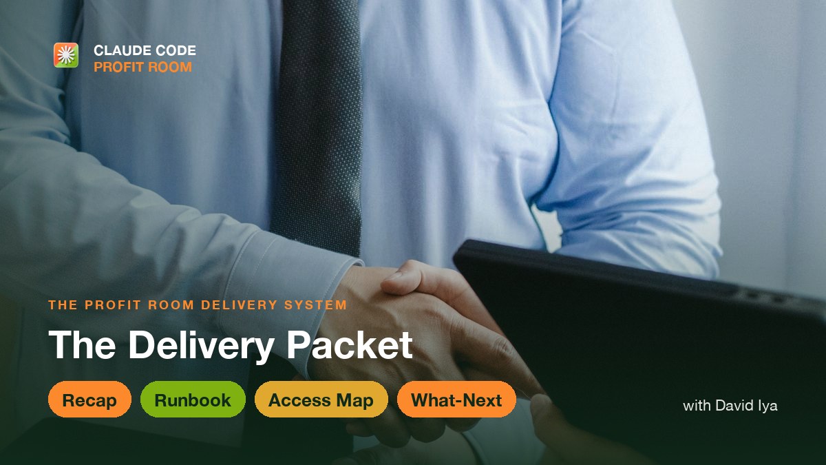 Two professionals shaking hands beside a laptop, representing a clean handoff when you deliver a Claude Code build so clients come back.