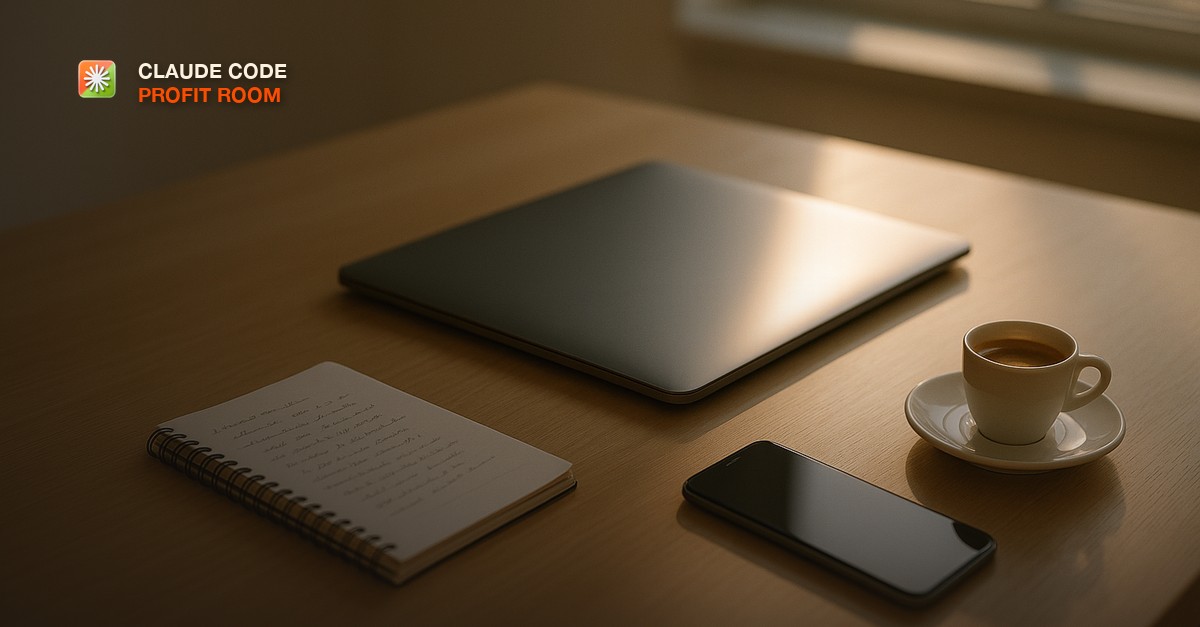 A clean desk after a meeting with a closed laptop showing a soft glow, a notepad of handwritten notes, and a phone face-up beside a fresh espresso in late-afternoon light