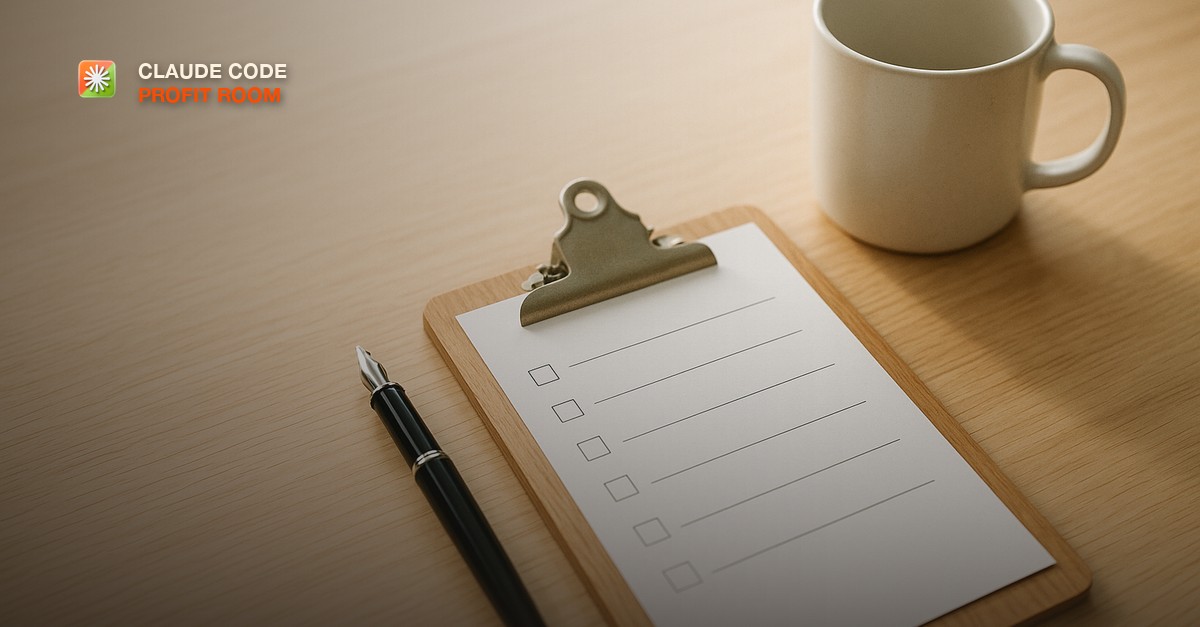 A printed checklist on a wooden clipboard beside a fountain pen and a plain ceramic mug on a pale oak table in soft morning light