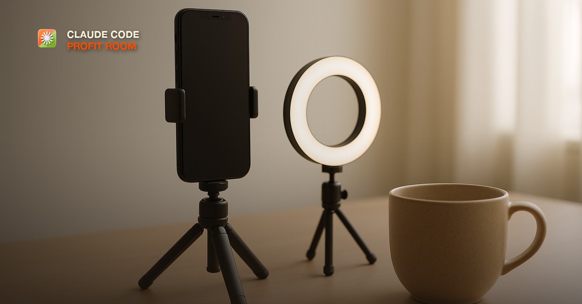 A smartphone clamped in a small desk tripod beside a compact ring light and a coffee cup on a warm neutral desk