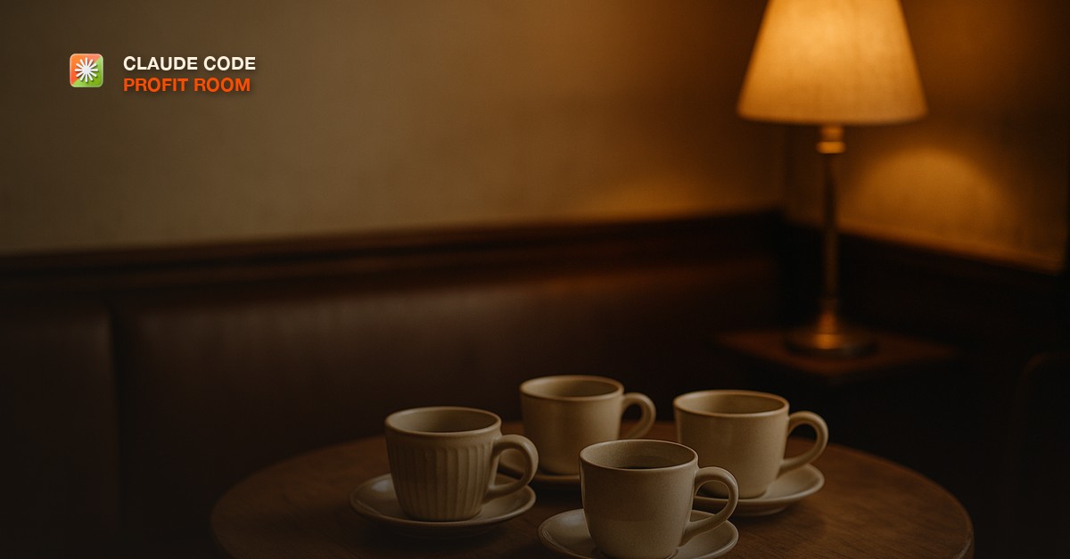 A cluster of vintage ceramic coffee cups on a shared wooden table in a quiet cafe corner, warm lamp light
