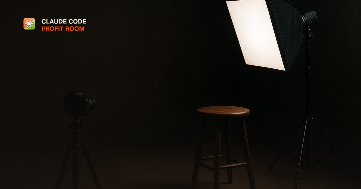 A small studio corner with a softbox light and a tripod facing an empty stool against a dark background.