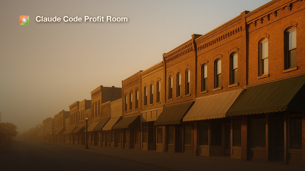 A quiet small-town main street of independent storefronts in early morning light