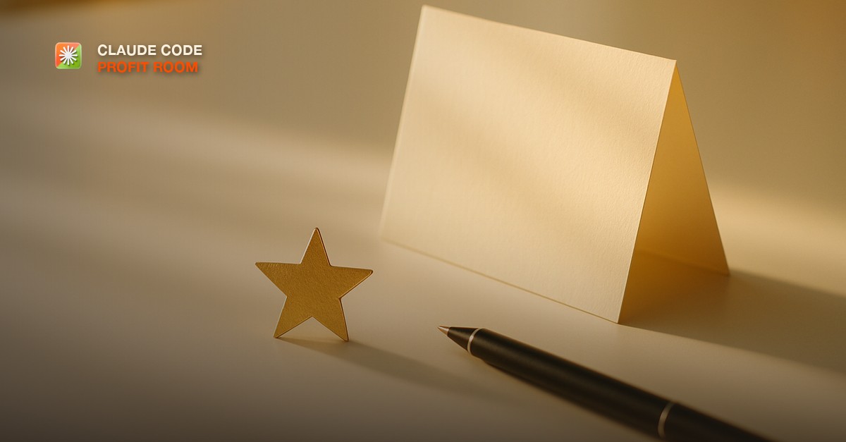 A small gold star beside a folded thank-you card and a fine-tip pen on a clean white desk