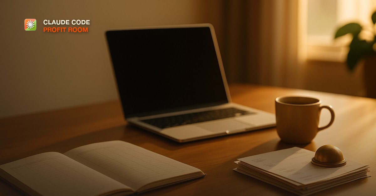 A tidy home-office desk at golden hour with an open laptop, a paper ledger of neat columns, a small stack of invoices under a brass paperweight, and a coffee mug