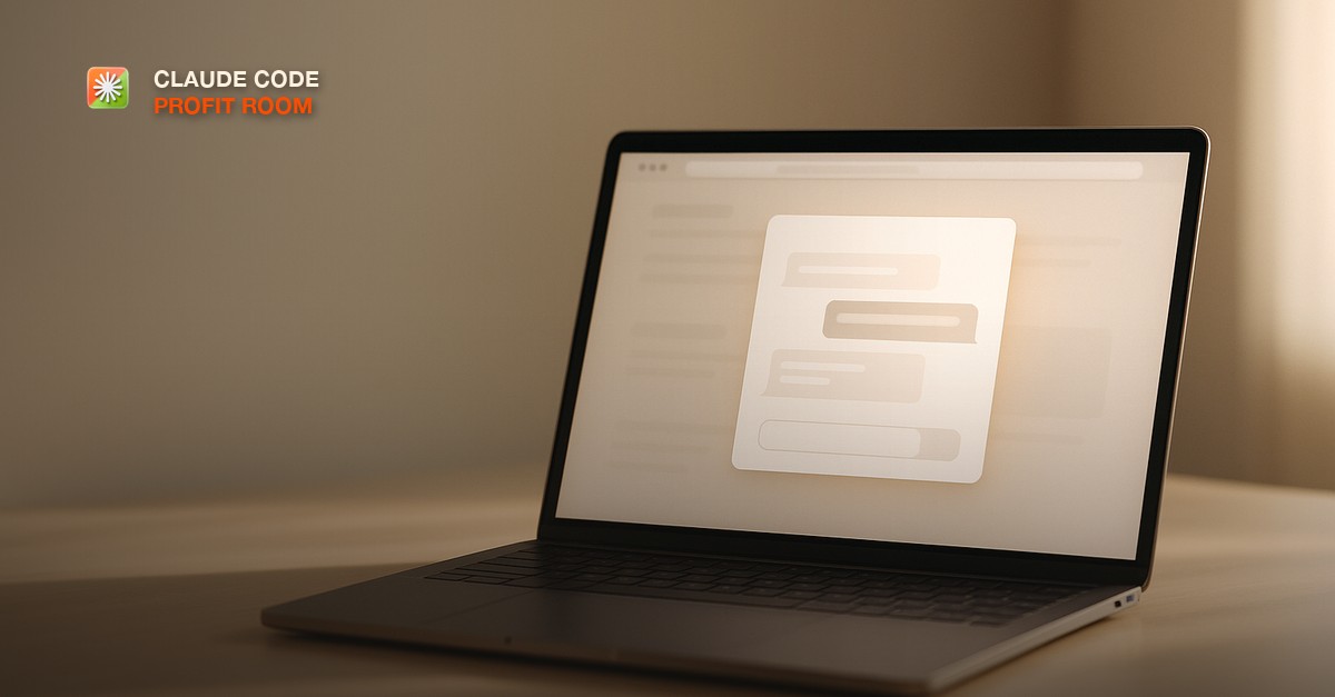 A laptop on a clean studio desk showing a soft-glowing website chat window mockup in warm morning light