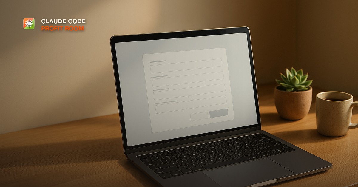 A sleek laptop showing a clean form interface on a wood desk beside a small potted succulent and a ceramic coffee mug in warm morning light