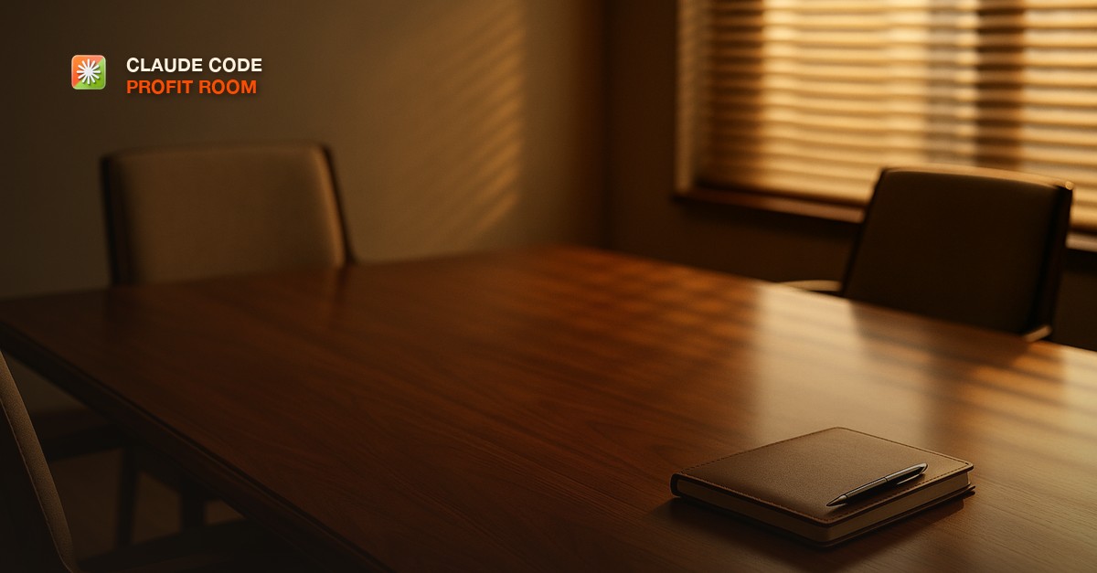 A polished walnut conference table with two chairs, a closed leather notebook and pen at the edge, warm afternoon light through venetian blinds, quiet decisive atmosphere