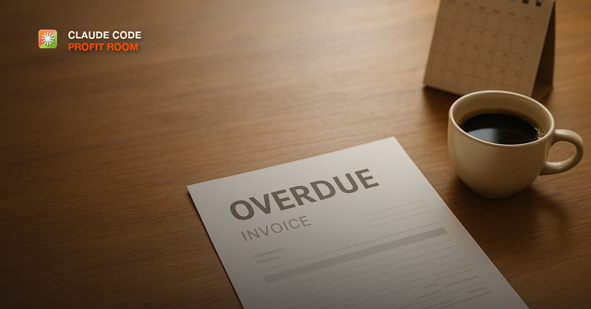 An overdue invoice document beside a calendar and a cup of coffee on a warm wooden desk in soft natural light