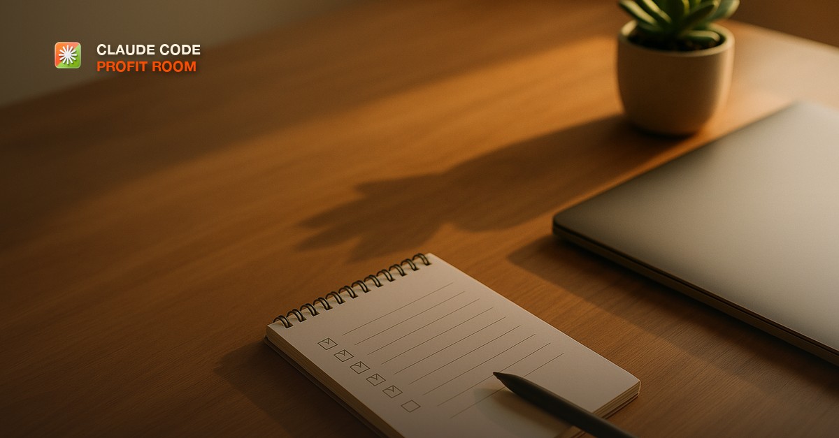 A neat handwritten checklist on a notepad beside a closed laptop on a clear desk, warm afternoon light